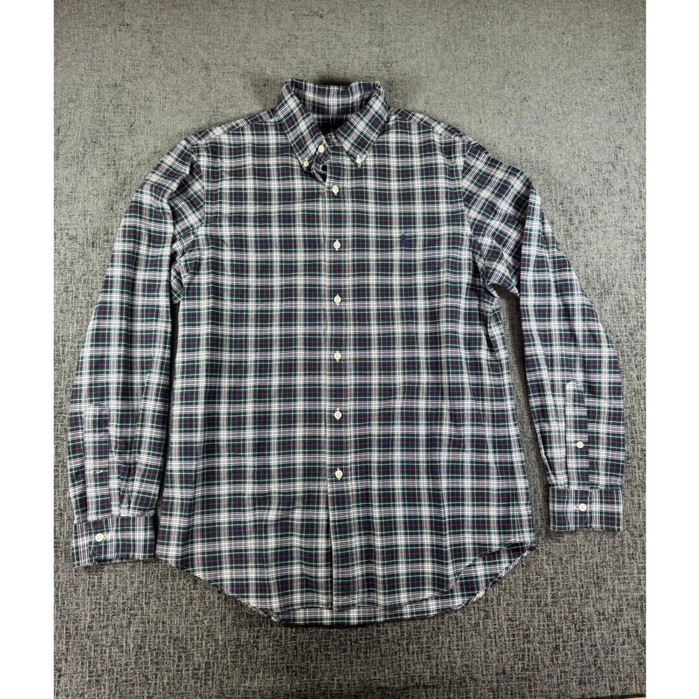 Ralph Lauren Mens Plaid Button Down Shirt Green Navy Blue White‎ Cotton Medium